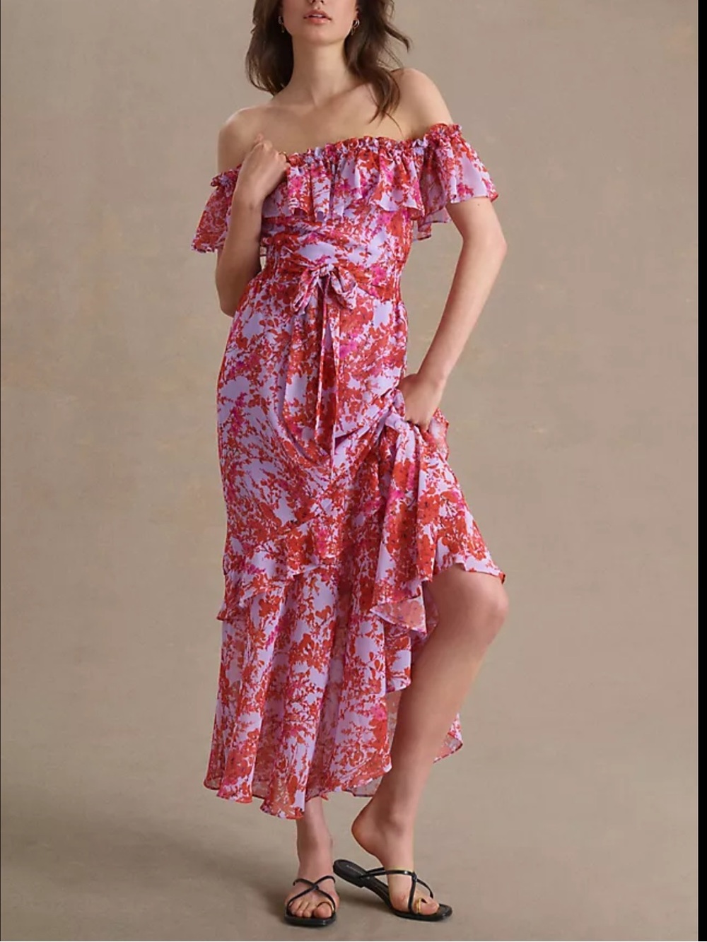 Sachin & Babi Riley Ruffled Off-Shoulder Chiffon Gown Size 10